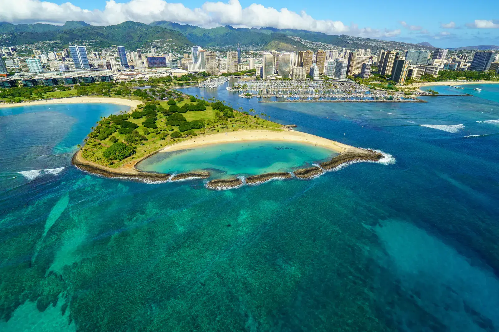 Aerial view of Magic Island and Ala Moana