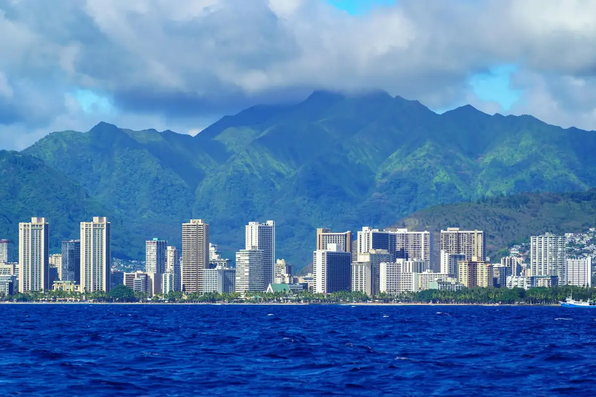 Honolulu skyline and the Koʻolau mountains from the water